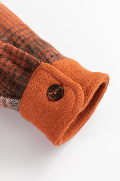 Plaid button up jacket cuff Stevvex with orange fleece lining and brown button for women and girls on Tampa Home & Garden Store