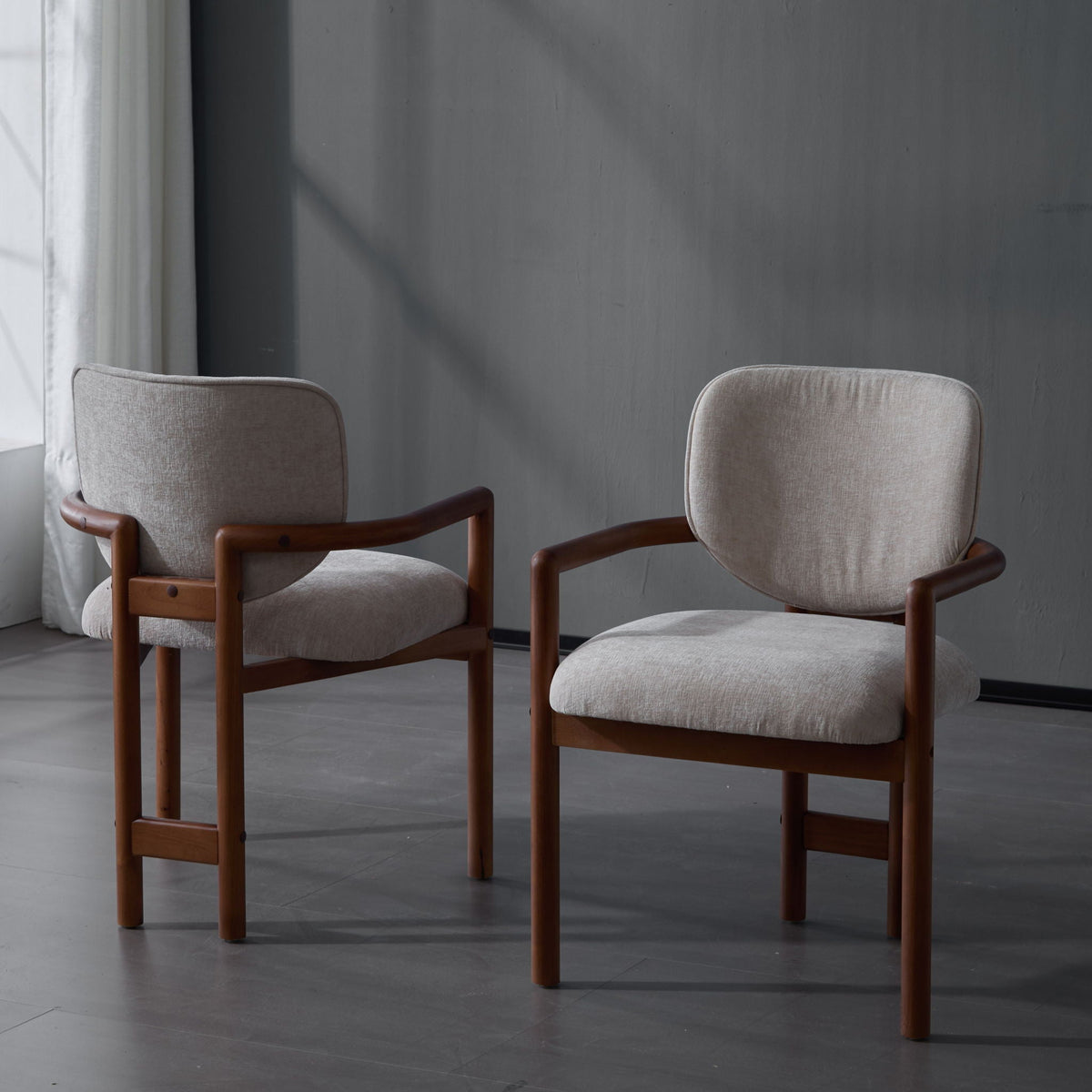 Upholstered Arm Dining Chairs (Set of 2) beige fabric with warm wood frames on Tampa Home & Garden Store