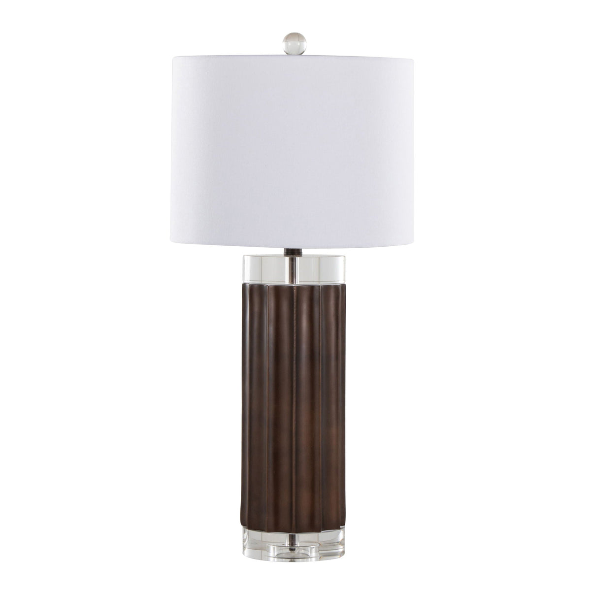 Cylinder fluted table lamp set of 2, brown base with clear accents and white shade on Tampa Home & Garden Store