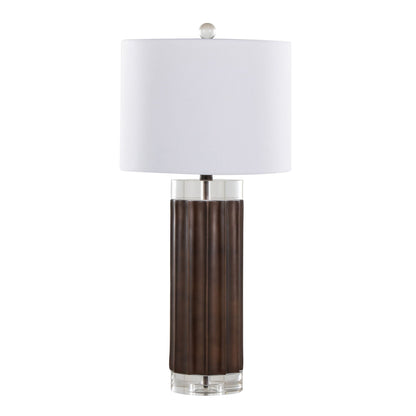 Cylinder fluted table lamp set of 2, brown base with clear accents and white shade on Tampa Home & Garden Store