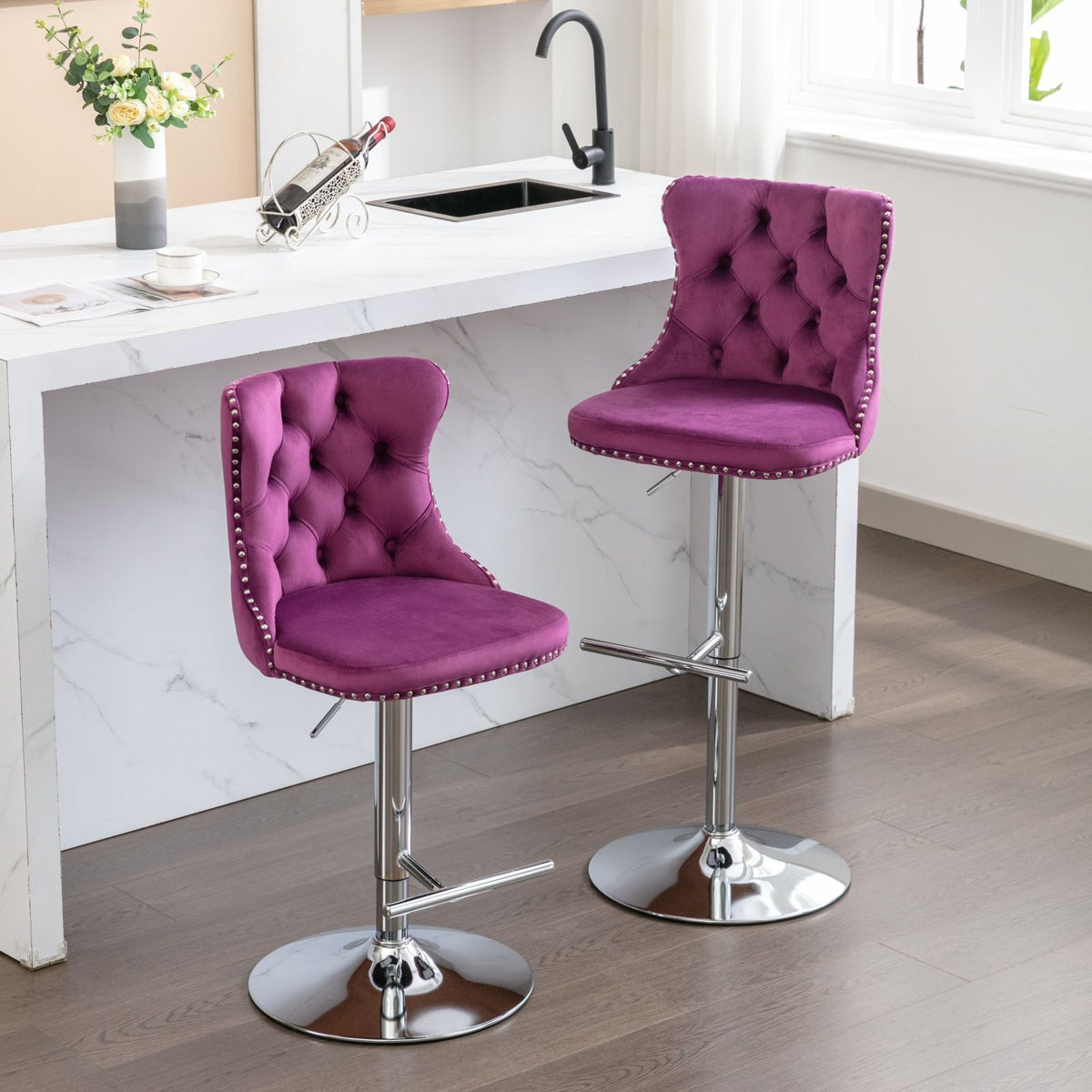 Swivel adjustable height barstools set of 2, purple tufted velvet seats with chrome bases on Tampa Home & Garden Store