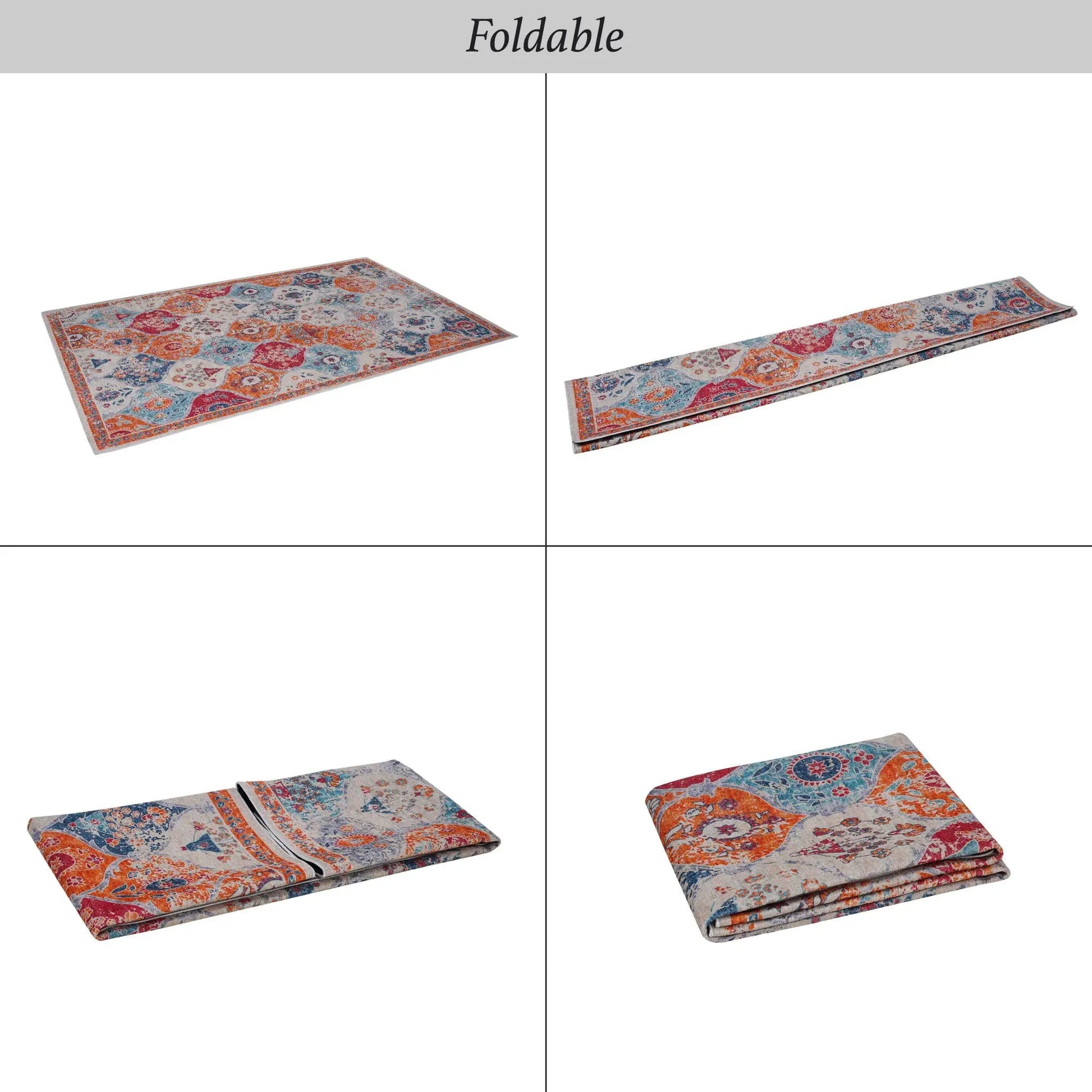 Maval Washable Area Rug set of 4 by Unique Piece Furniture, orange-blue patchwork pattern on Tampa Home & Garden Store