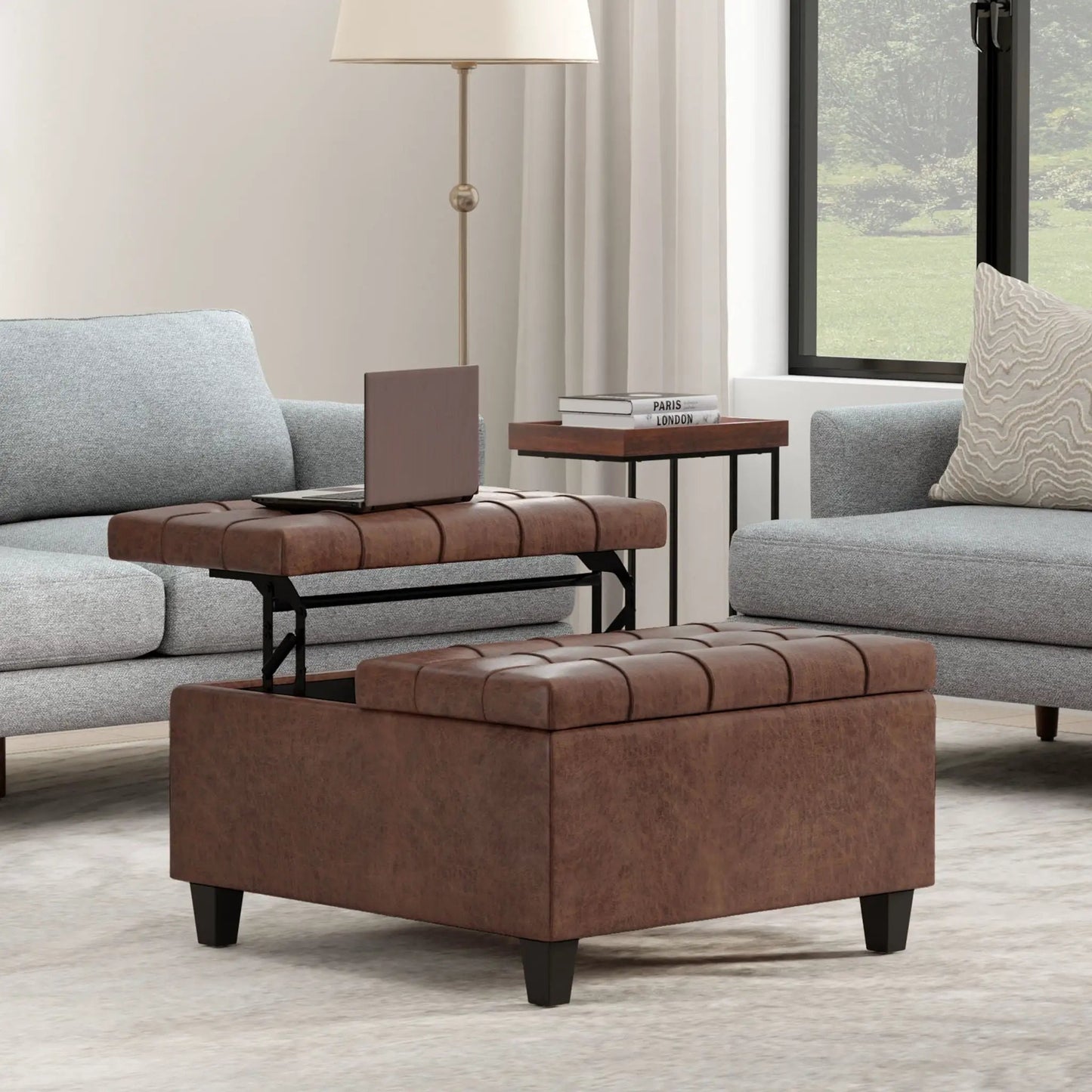 Harrison large coffee table storage ottoman in brown leather with black metal legs on Tampa Home & Garden Store