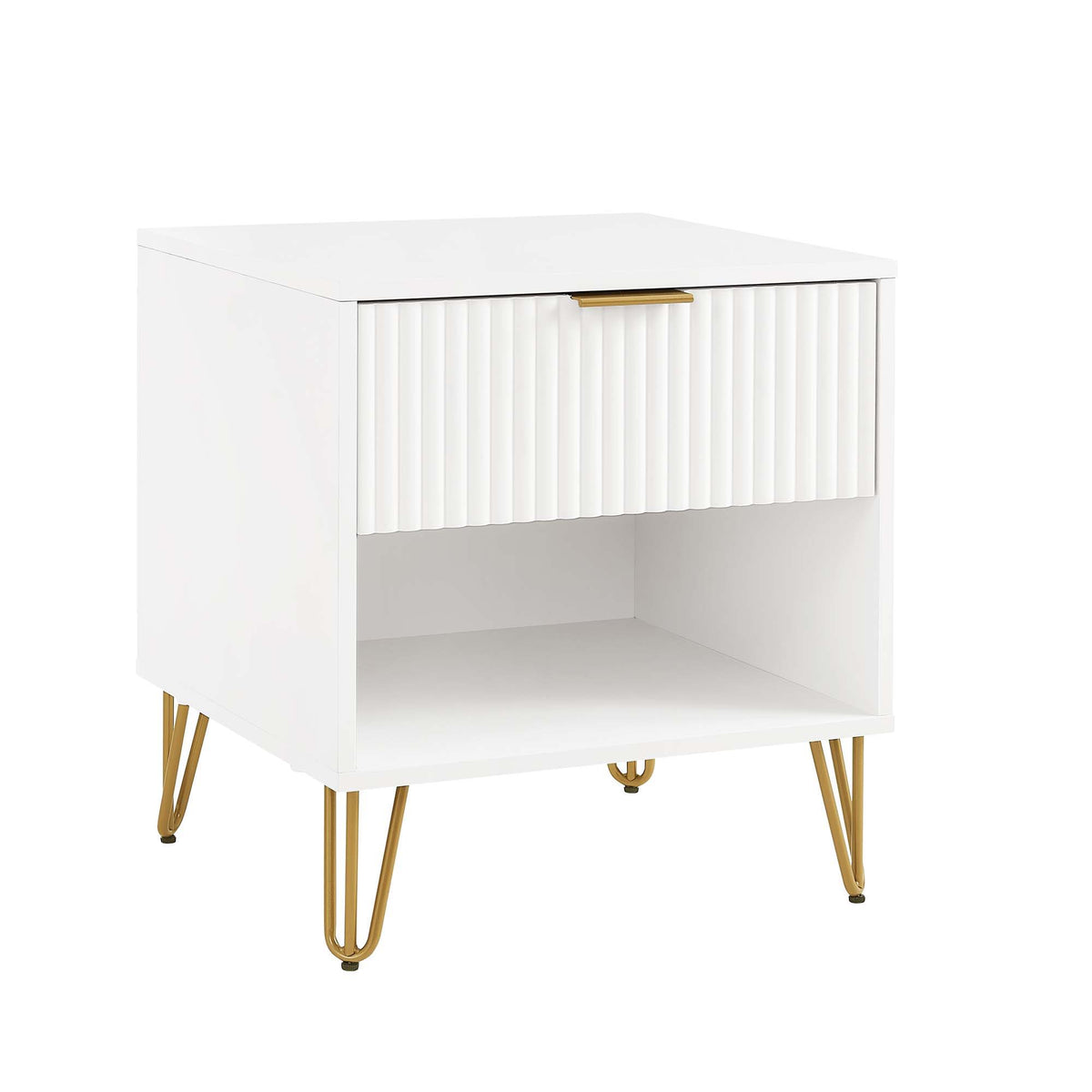 White modern nightstand with fluted drawer front, gold handle and hairpin legs, open shelf on Tampa Home & Garden Store