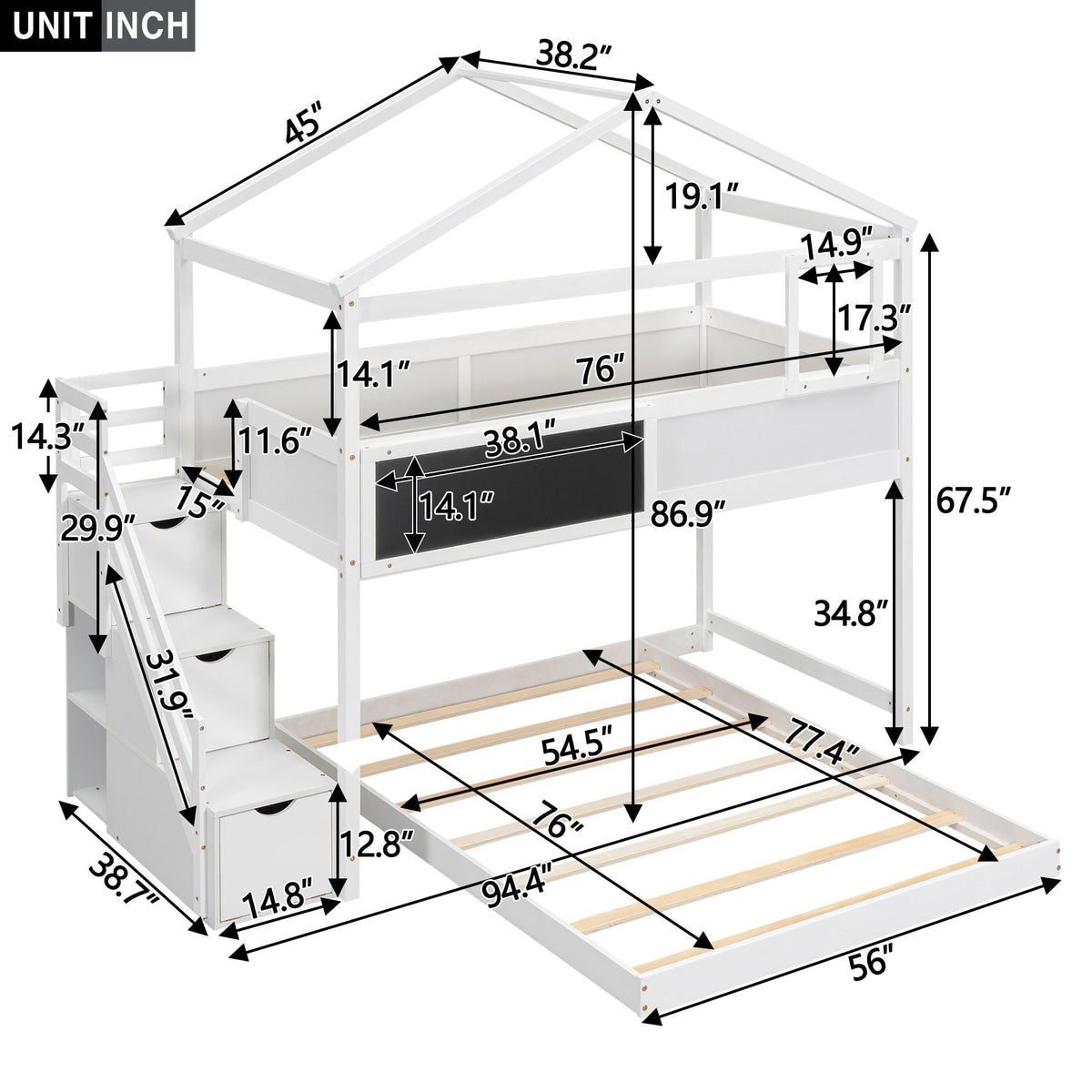 HouseOfZazla House Style bunk bed with white finish and storage staircase board on Tampa Home & Garden Store