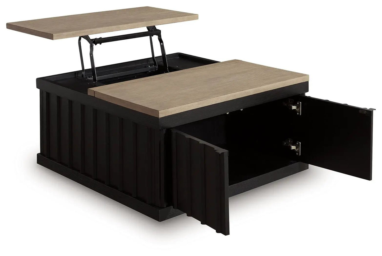 Rylandyn lift-top cocktail table with black base and light brown top, storage cabinet on Tampa Home & Garden Store