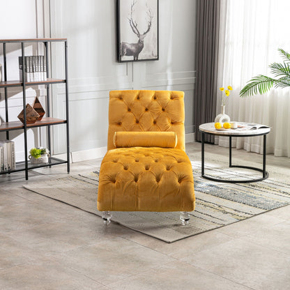 Velvet button tufted chaise lounge mustard yellow with pillow on Tampa Home & Garden Store