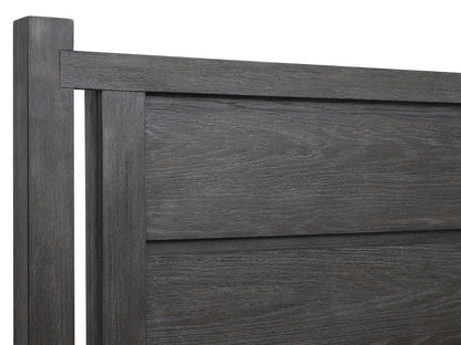 Plum Creek Panel Bed frame in dark charcoal wood grain with paneled headboard on Tampa Home & Garden Store