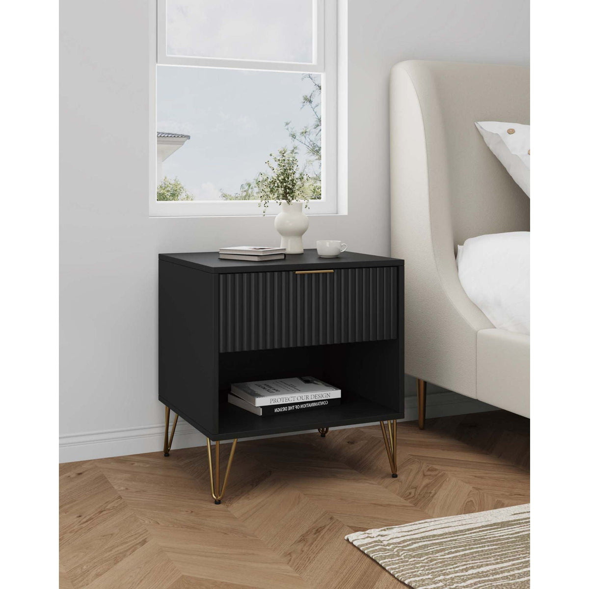 Modern black nightstand with fluted front drawer and gold legs on Tampa Home & Garden Store