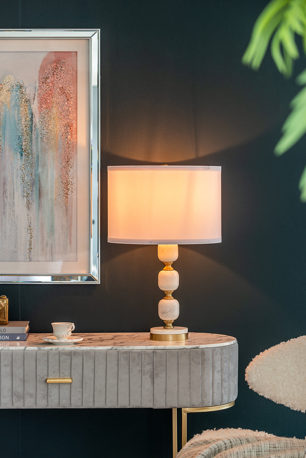 D15x26.5 Table Lamp by HouseOfZazla with warm shade and cream marble stacked base on Tampa Home & Garden Store