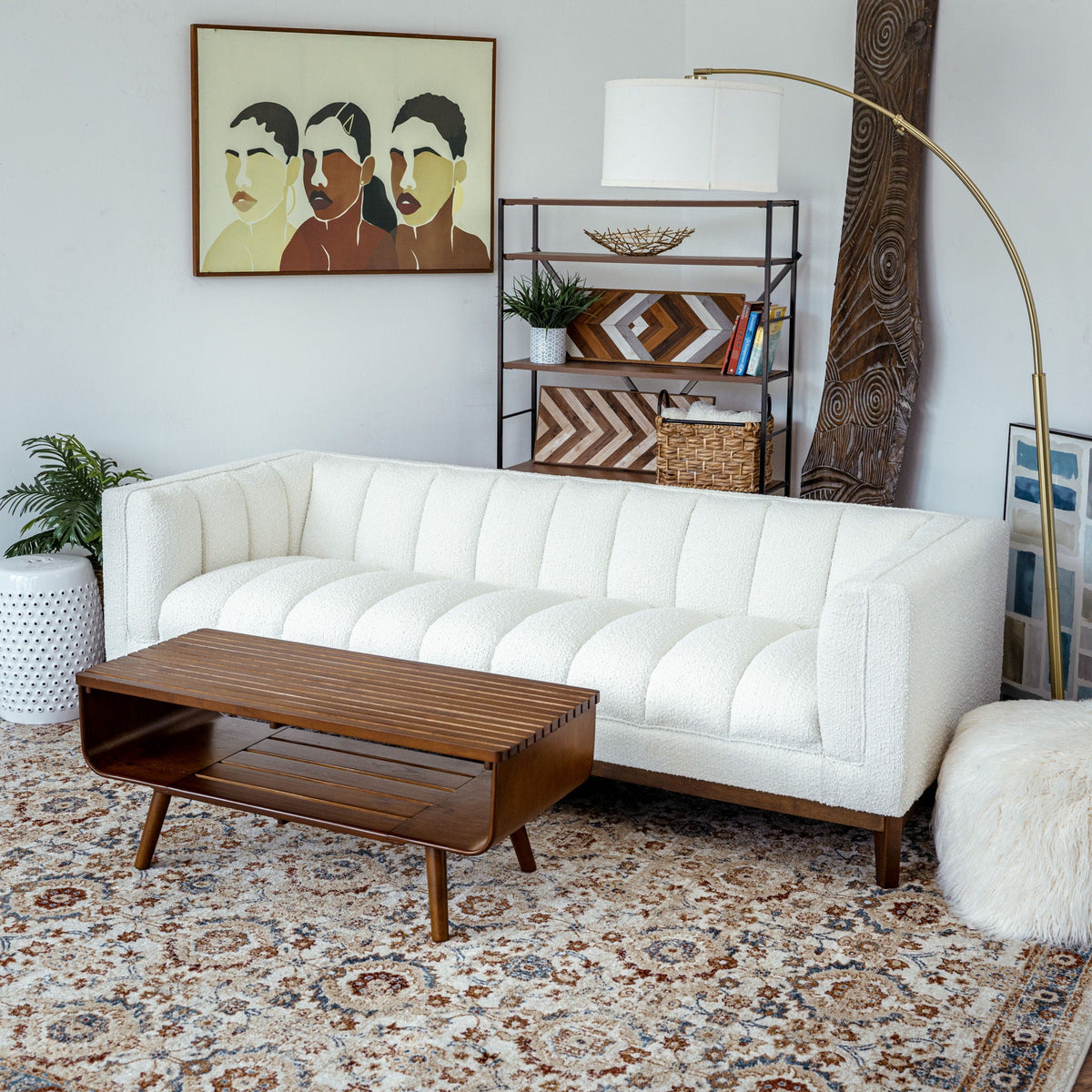 Alice mid-century modern coffee table with slatted warm wood top and tapered legs on Tampa Home & Garden Store
