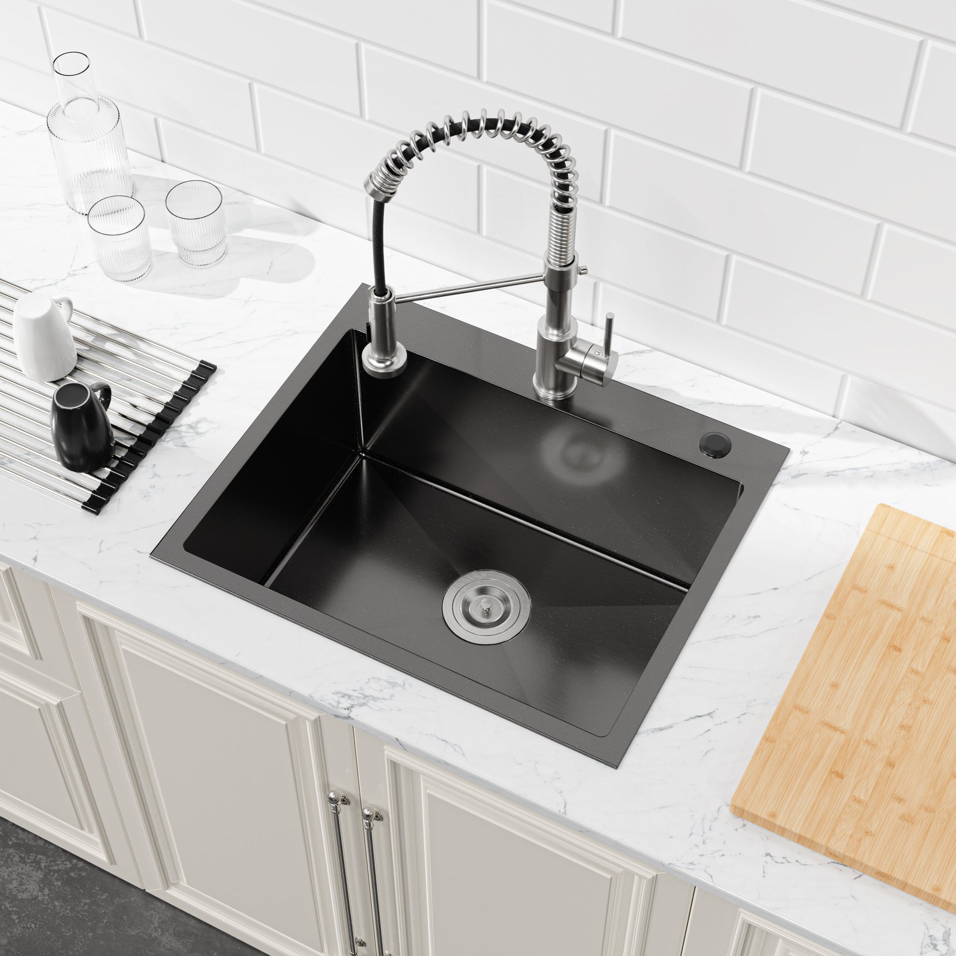 Stainless steel kitchen sink with undermount single bowl and spring faucet on marble countertop on Tampa Home & Garden Store