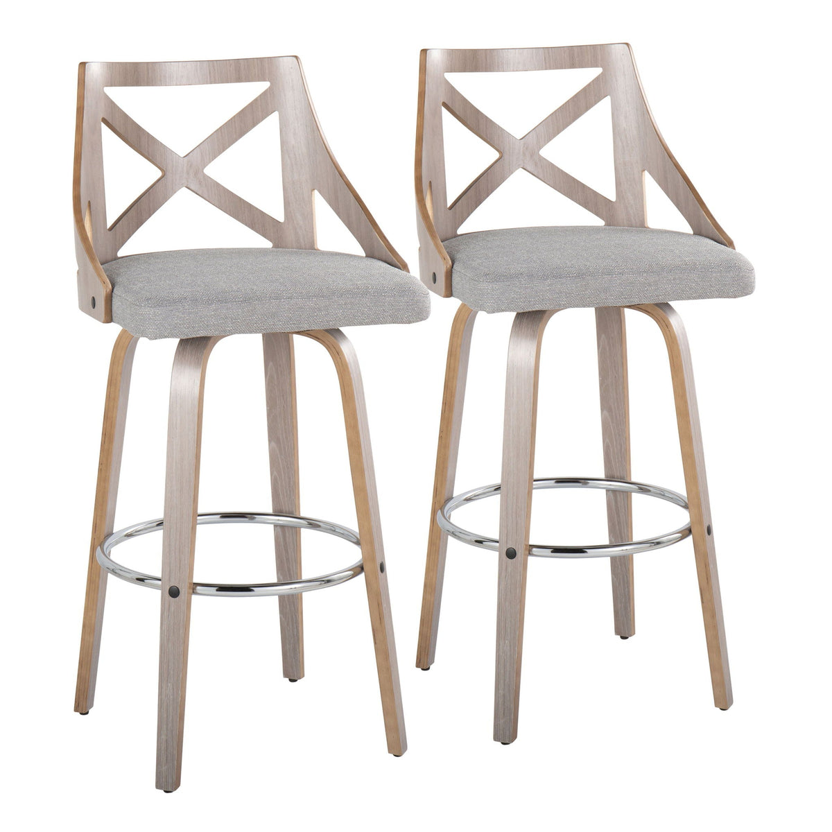Farmhouse fixed-height bar stool set with wood frames and gray fabric seats, 2 stools on Tampa Home & Garden Store