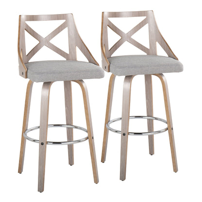 Farmhouse fixed-height bar stool set with wood frames and gray fabric seats, 2 stools on Tampa Home & Garden Store