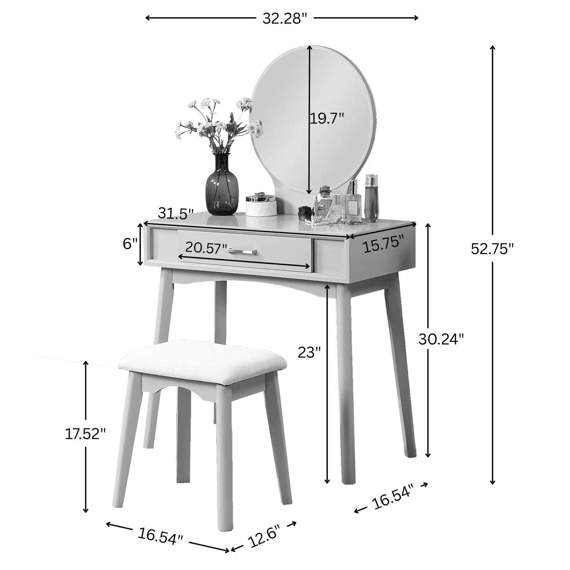 Maly contemporary wood vanity and stool set in gold with oval mirror and accessories on top on Tampa Home & Garden Store