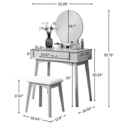 Maly contemporary wood vanity and stool set in gold with oval mirror and accessories on top on Tampa Home & Garden Store