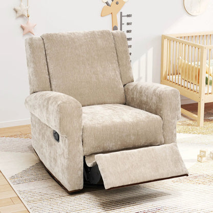 Manual Recliner Chair With Swivel Rocker Function beige plush upholstery, 1 baby crib nearby on Tampa Home & Garden Store