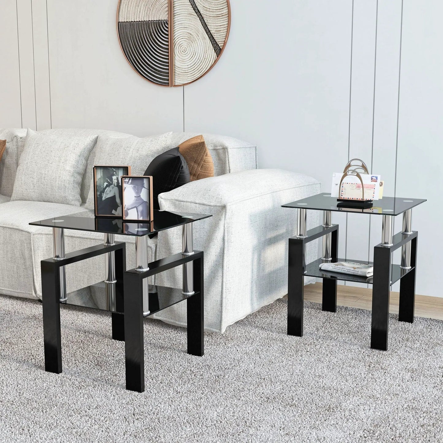 Modern tempered glass end tables, square black, set of 2 with chrome supports on Tampa Home & Garden Store