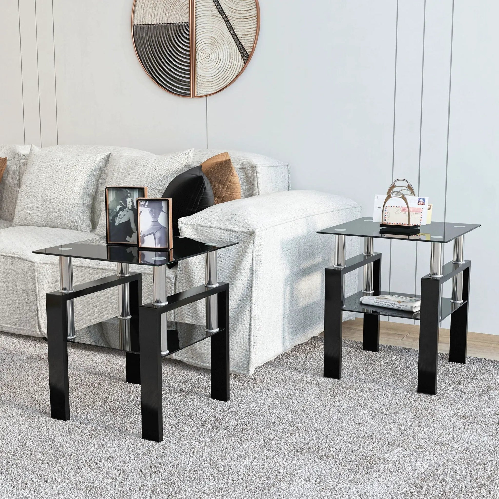 Modern tempered glass end tables, square black, set of 2 with chrome supports on Tampa Home & Garden Store