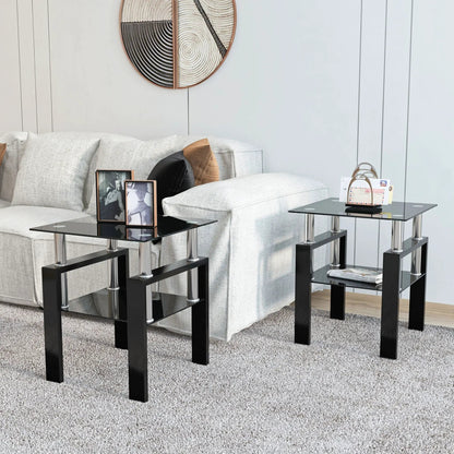 Modern tempered glass end tables, square black, set of 2 with chrome supports on Tampa Home & Garden Store