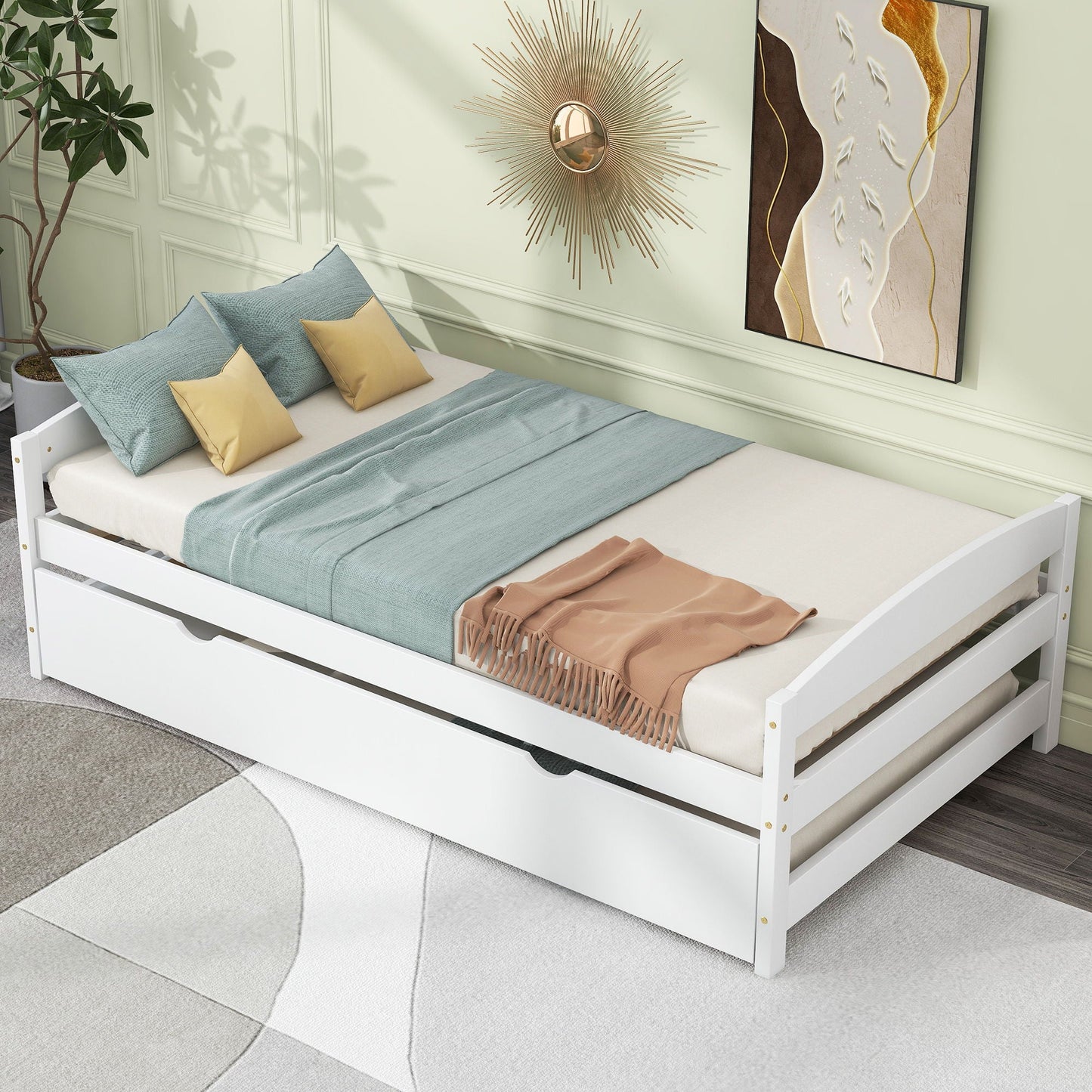 White platform bed with trundle, teal bedding and beige pillows HouseOfZazla on Tampa Home & Garden Store