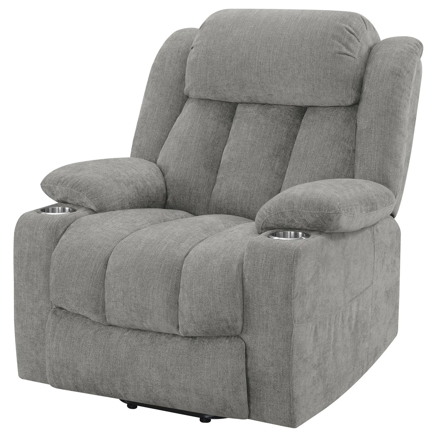 Beca Upholstered Power Lift Recliner gray fabric with built-in cupholders on Tampa Home & Garden Store