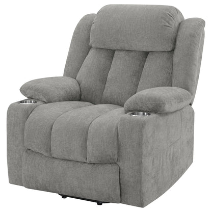 Beca Upholstered Power Lift Recliner gray fabric with built-in cupholders on Tampa Home & Garden Store