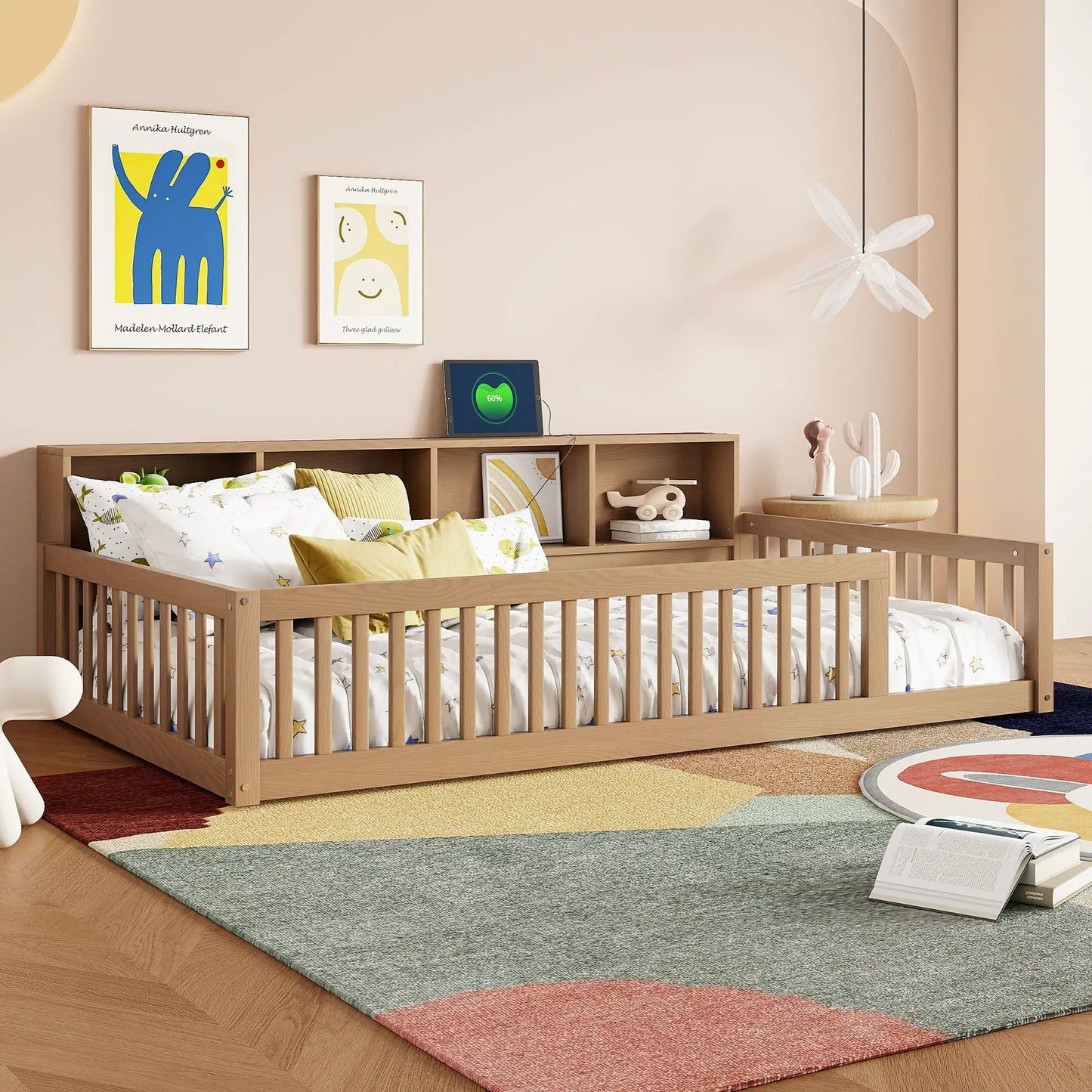 Floor Bed With Storage Cabinets and USB Ports
