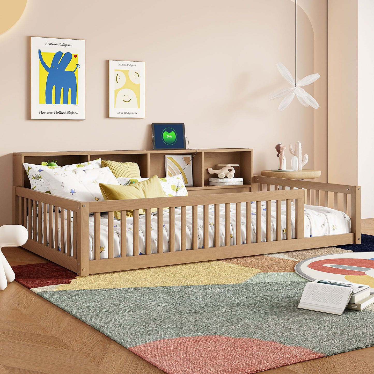 Floor bed with storage cabinets and USB ports in light wood finish with open cubbies on Tampa Home & Garden Store