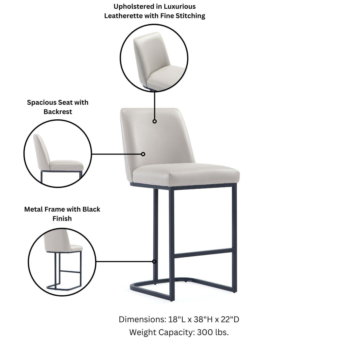 Serena Counter Stool by HouseOfZazla, cream leatherette upholstery and black metal frame on Tampa Home & Garden Store