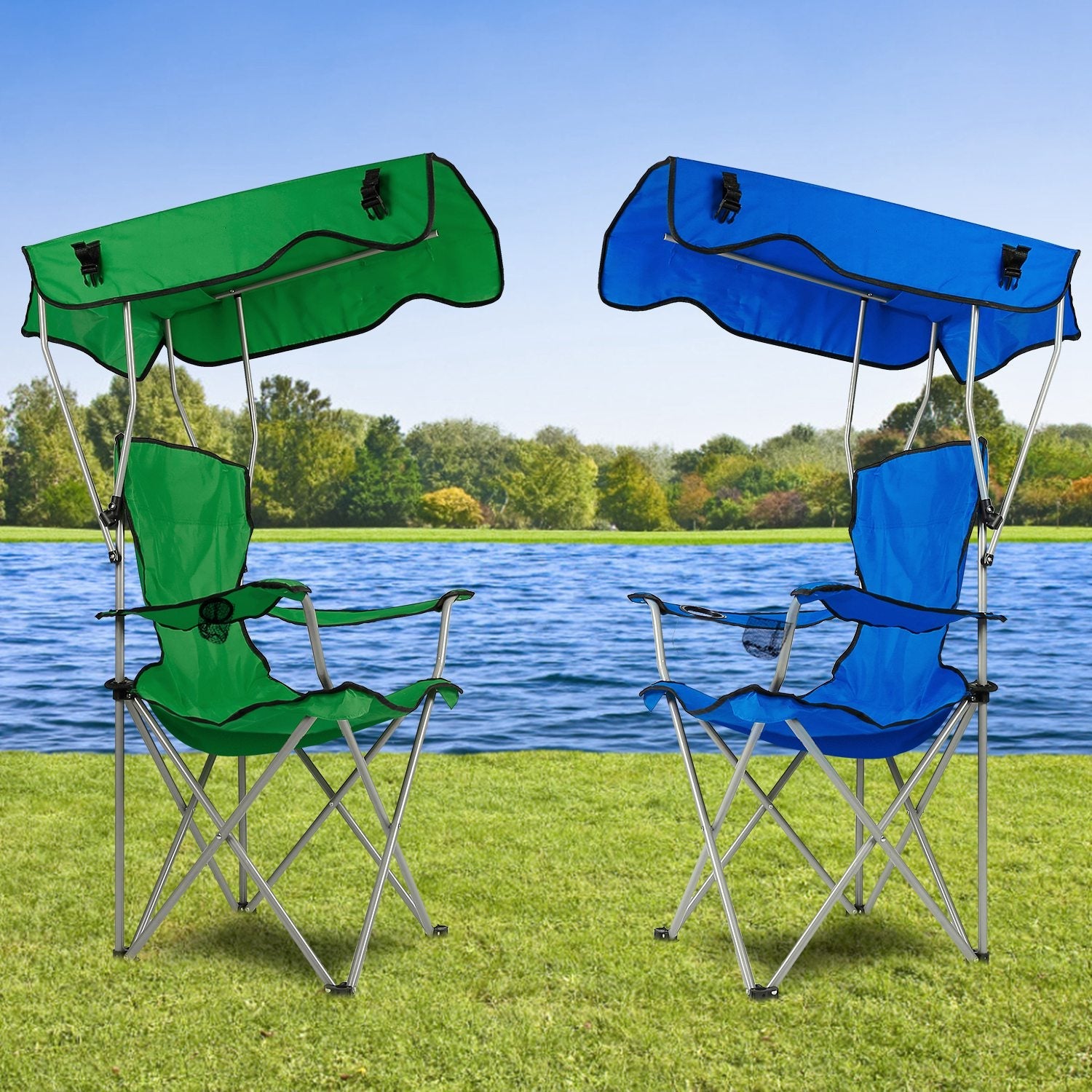 GemGear foldable canopy beach chairs pair with cup holder, green and blue fabric, aluminum frame on Tampa Home & Garden Store