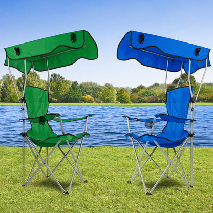 GemGear foldable canopy beach chairs pair with cup holder, green and blue fabric, aluminum frame on Tampa Home & Garden Store