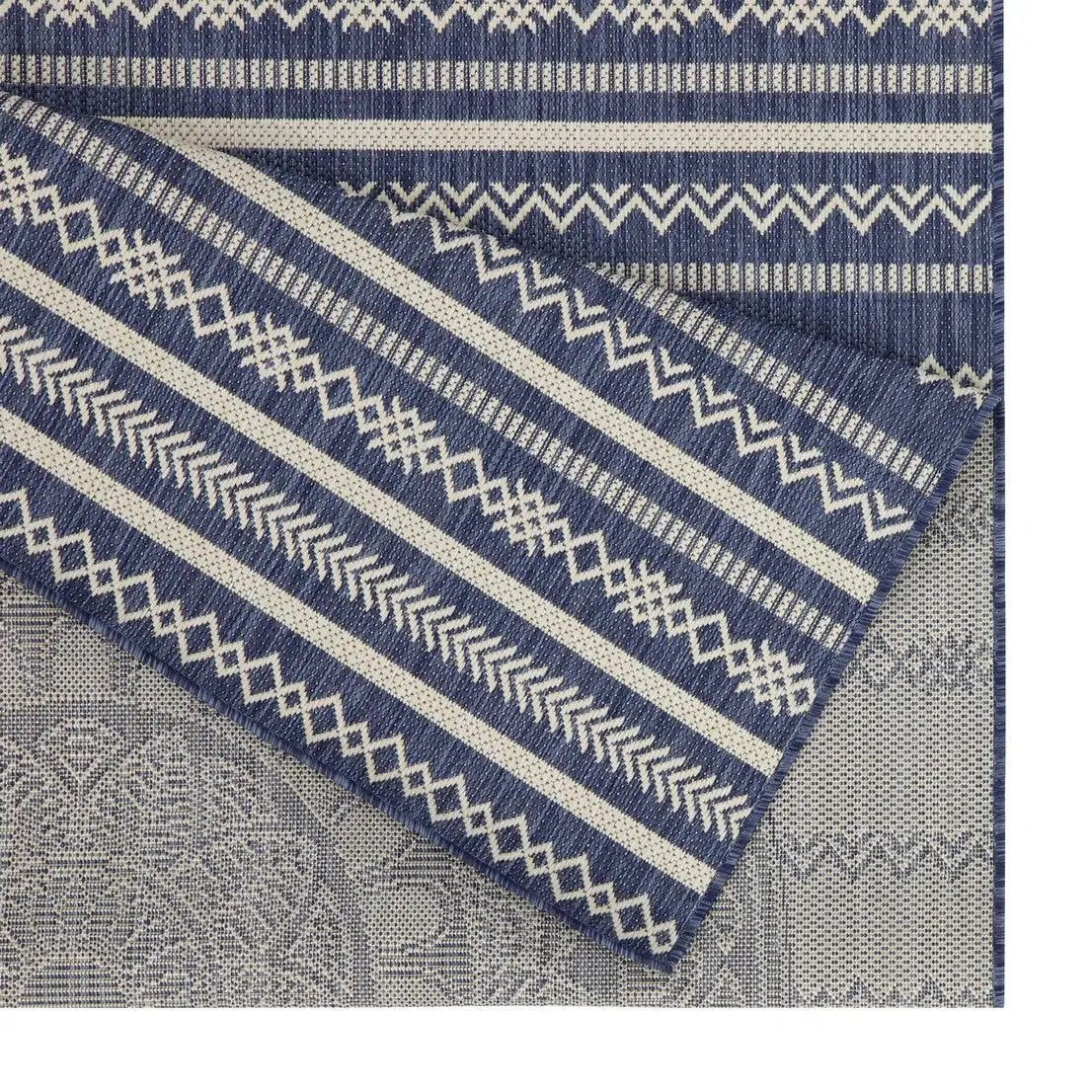 Sunshine polypropylene indoor/outdoor area rug in blue with white geometric stripes on Tampa Home & Garden Store