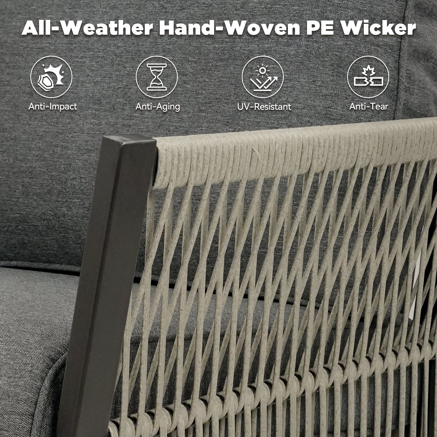 Swivel outdoor chair gray all-weather PE wicker rope-weave with dark frame on Tampa Home & Garden Store