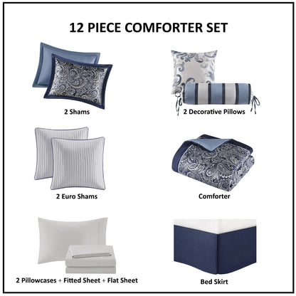 12 Piece Cotton Comforter Set for a Navy Cal King