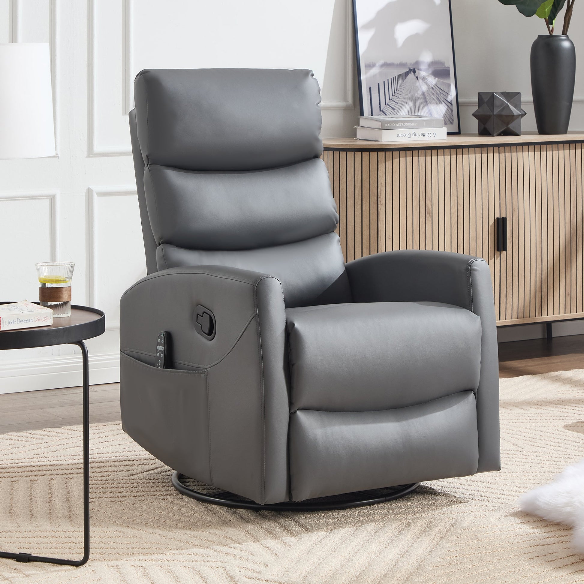 Heat Massage Manual Recliner Chair in gray faux leather with rocker and swivel by HouseOfZazla on Tampa Home & Garden Store