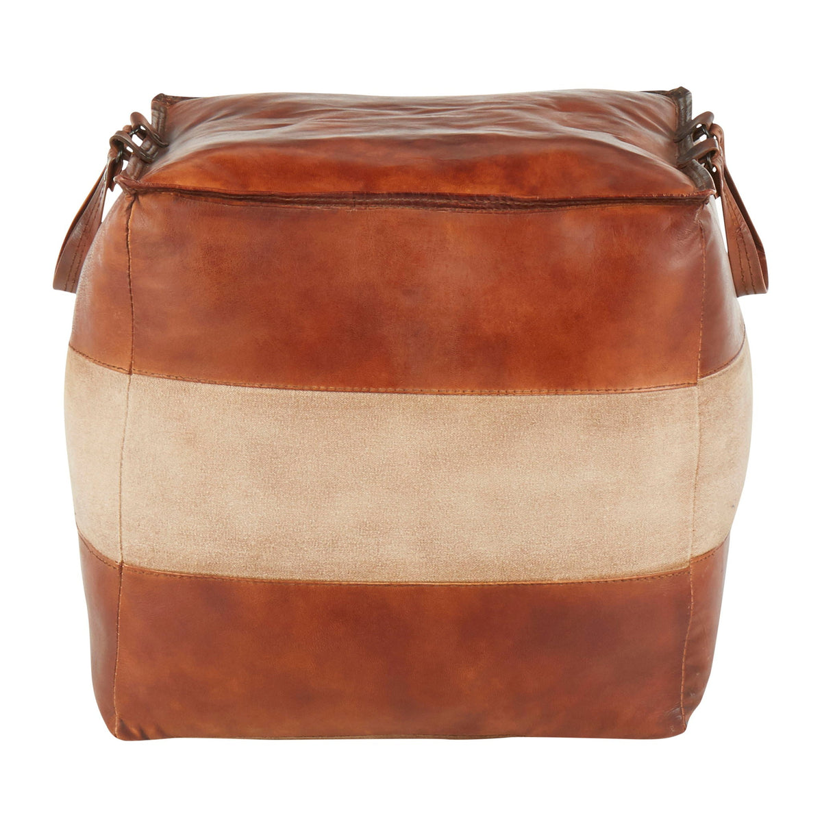 Accent pouf ottoman with side handles in brown leather and beige fabric base on Tampa Home & Garden Store