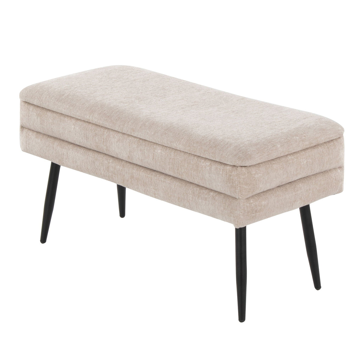 Contemporary storage bench with removable lid in light beige fabric and black metal legs on Tampa Home & Garden Store