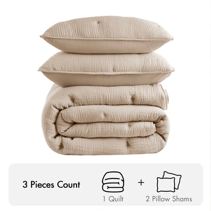 3-Piece Cotton Embroidered Quilt Set beige; includes 1 quilt + 2 pillow shams, HouseOfZazla on Tampa Home & Garden Store
