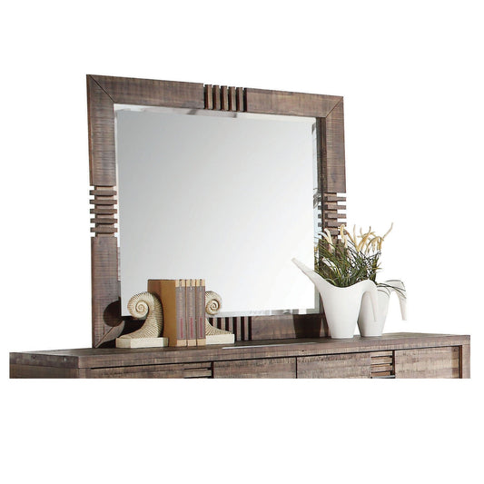 Reclaimed Oak Mirror with Beveled Glass, rustic wood frame with top vertical slats on Tampa Home & Garden Store