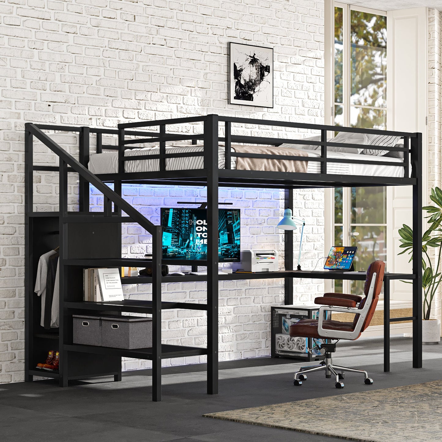 Full-size loft bed with L-shaped desk and USB, black metal frame by HouseOfZazla on Tampa Home & Garden Store