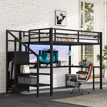 Full-size loft bed with L-shaped desk and USB, black metal frame by HouseOfZazla on Tampa Home & Garden Store