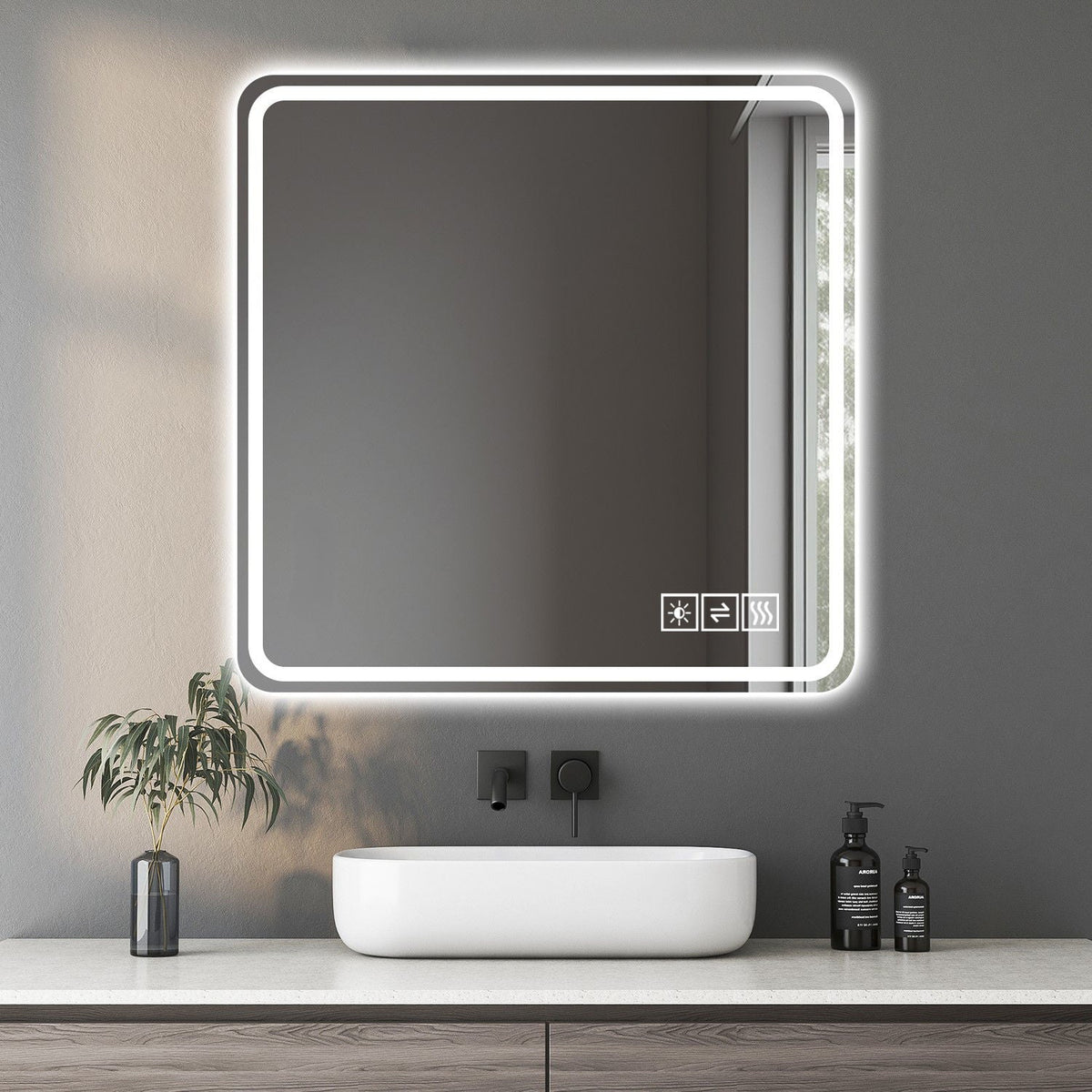 LED bathroom mirror with anti-fog and tri-color lighting in pearl silver, above sink on Tampa Home & Garden Store