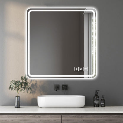 LED bathroom mirror with anti-fog and tri-color lighting in pearl silver, above sink on Tampa Home & Garden Store