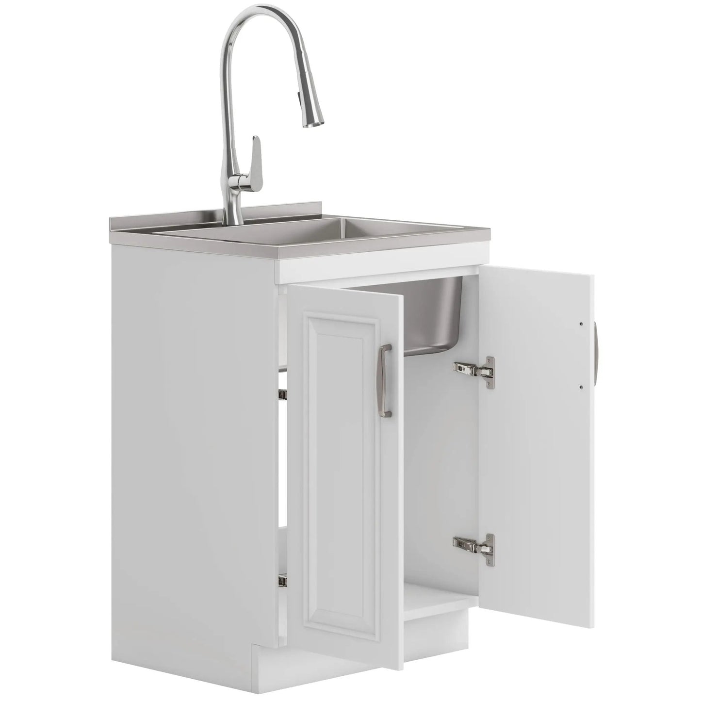 Darwin Deluxe Laundry Cabinet with pull-out faucet and stainless steel sink, white doors open on Tampa Home & Garden Store