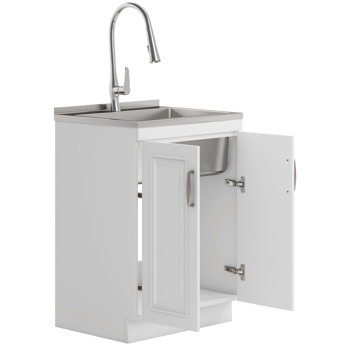 Deluxe laundry cabinet with stainless steel sink and chrome gooseneck faucet, white cabinet by HouseOfZazla on Tampa Home & Garden Store