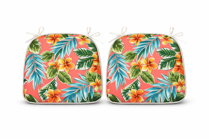 Outdoor patio chair cushions HouseOfZazla tropical coral print with green leaves, two cushions on Tampa Home & Garden Store