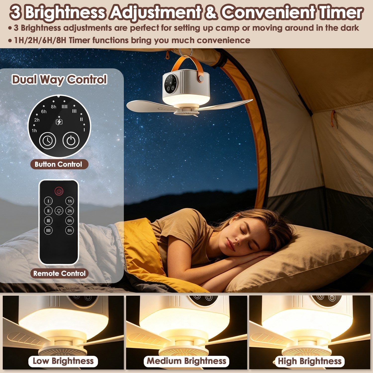 GemGear Rechargeable Tent Ceiling Fan with LED Light and remote in camping tent on Tampa Home & Garden Store