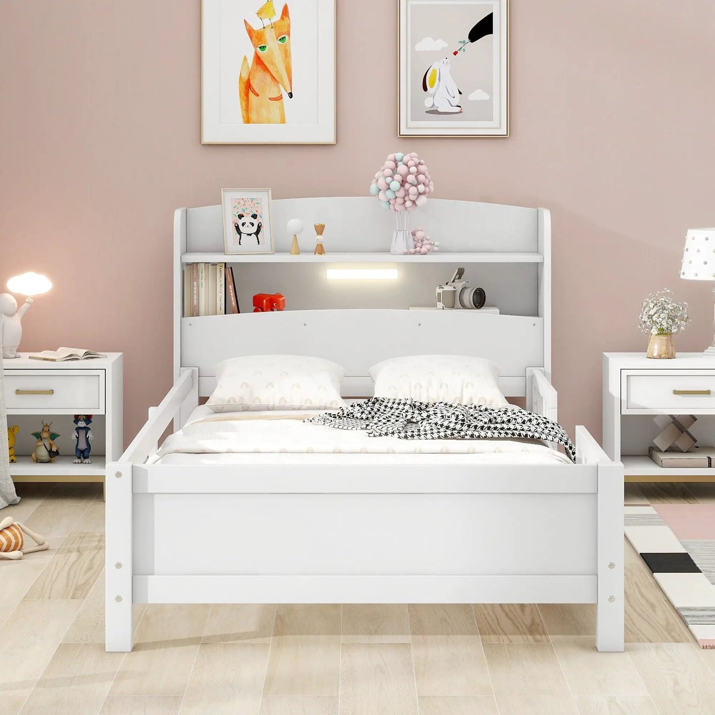 Wood Platform Bed With Led Light and Guardrail