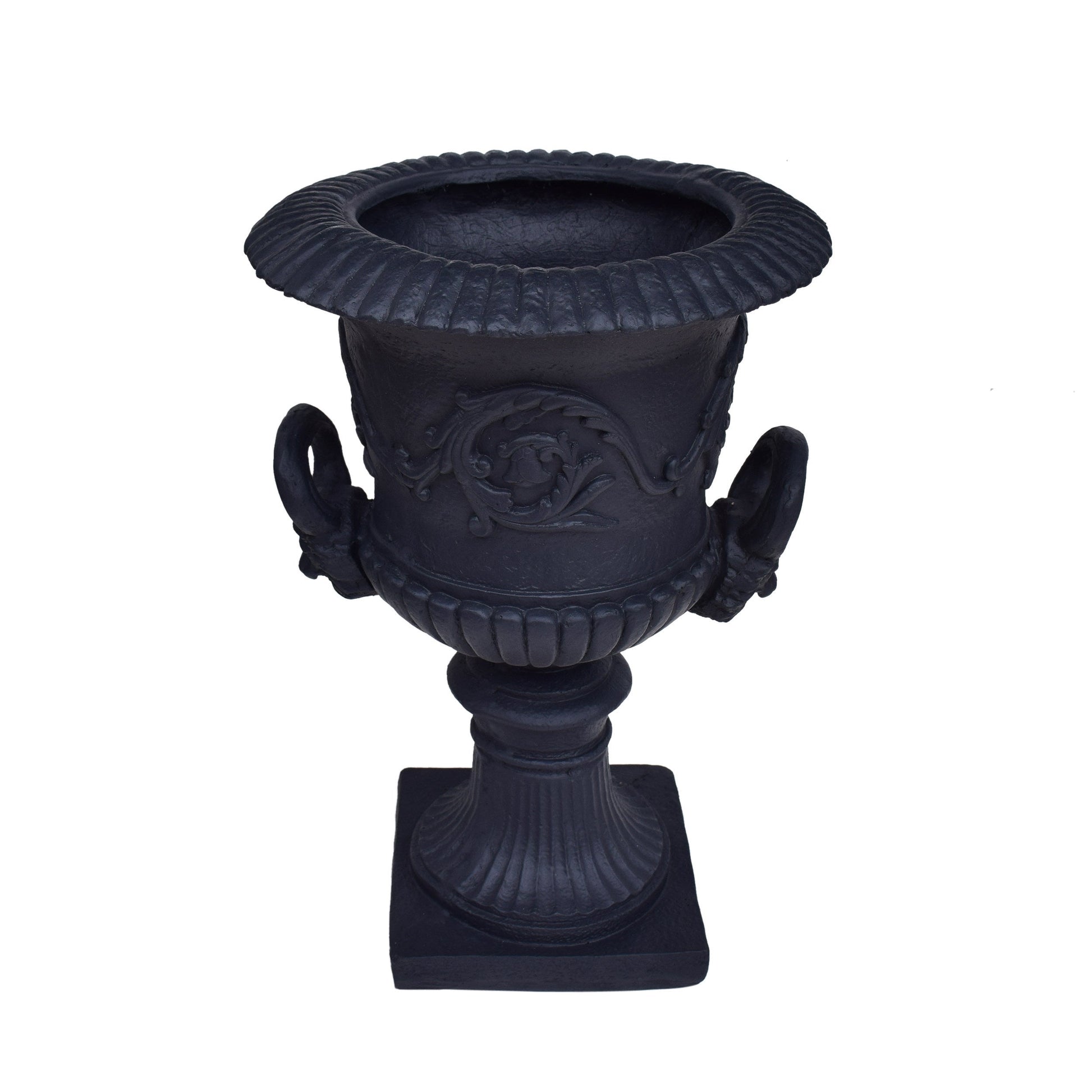 MGO Garden Urn Planter by HouseOfZazla, black cast-iron look with ornate scrollwork and ribbed rim on Tampa Home & Garden Store